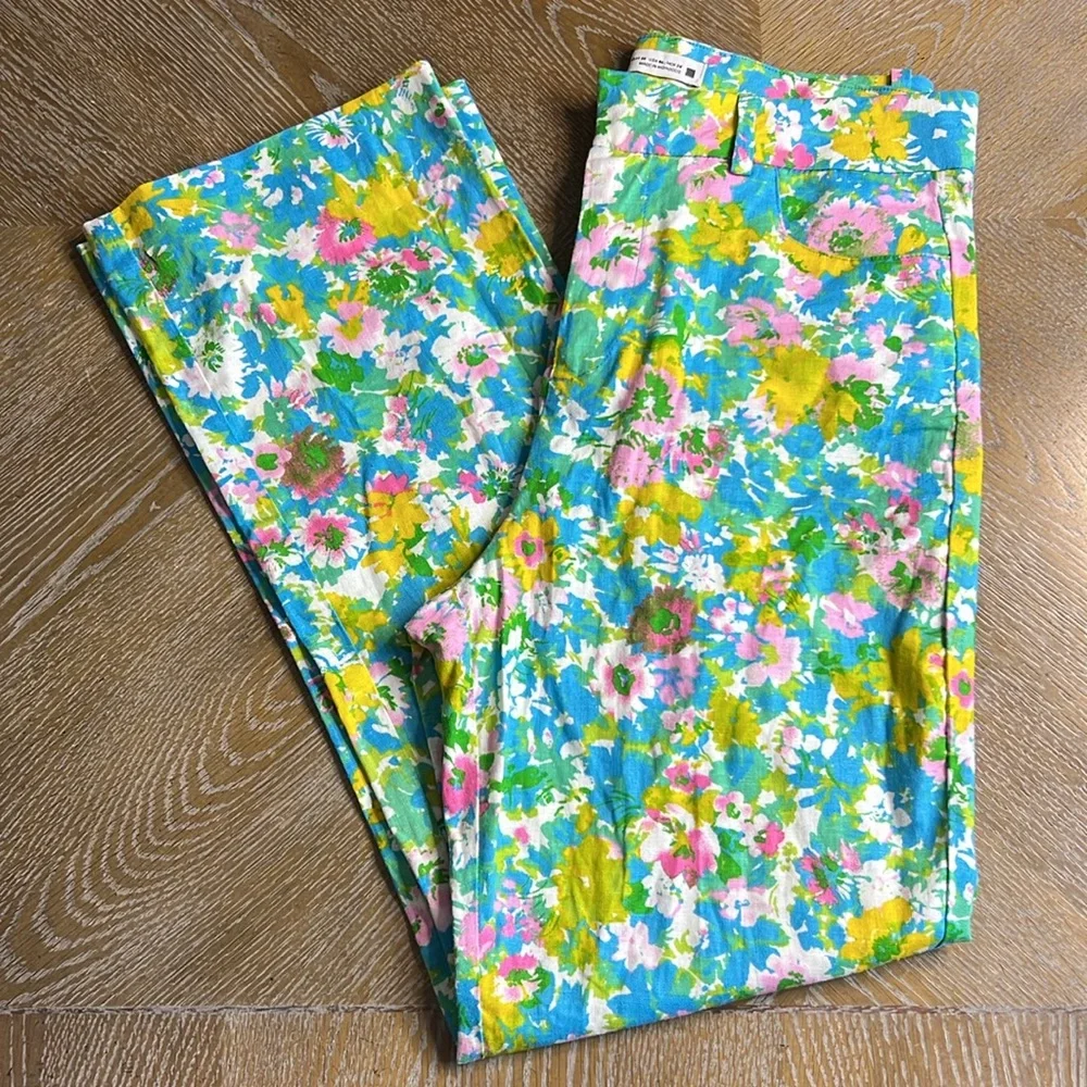 ZARA Blue Floral Linen Blend Mini Flare Cropped Trouser Pant 4